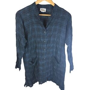 Odile Women's Black Blue Plaid Crinkle Cotton Button Front Pockets Tunic Shirt S